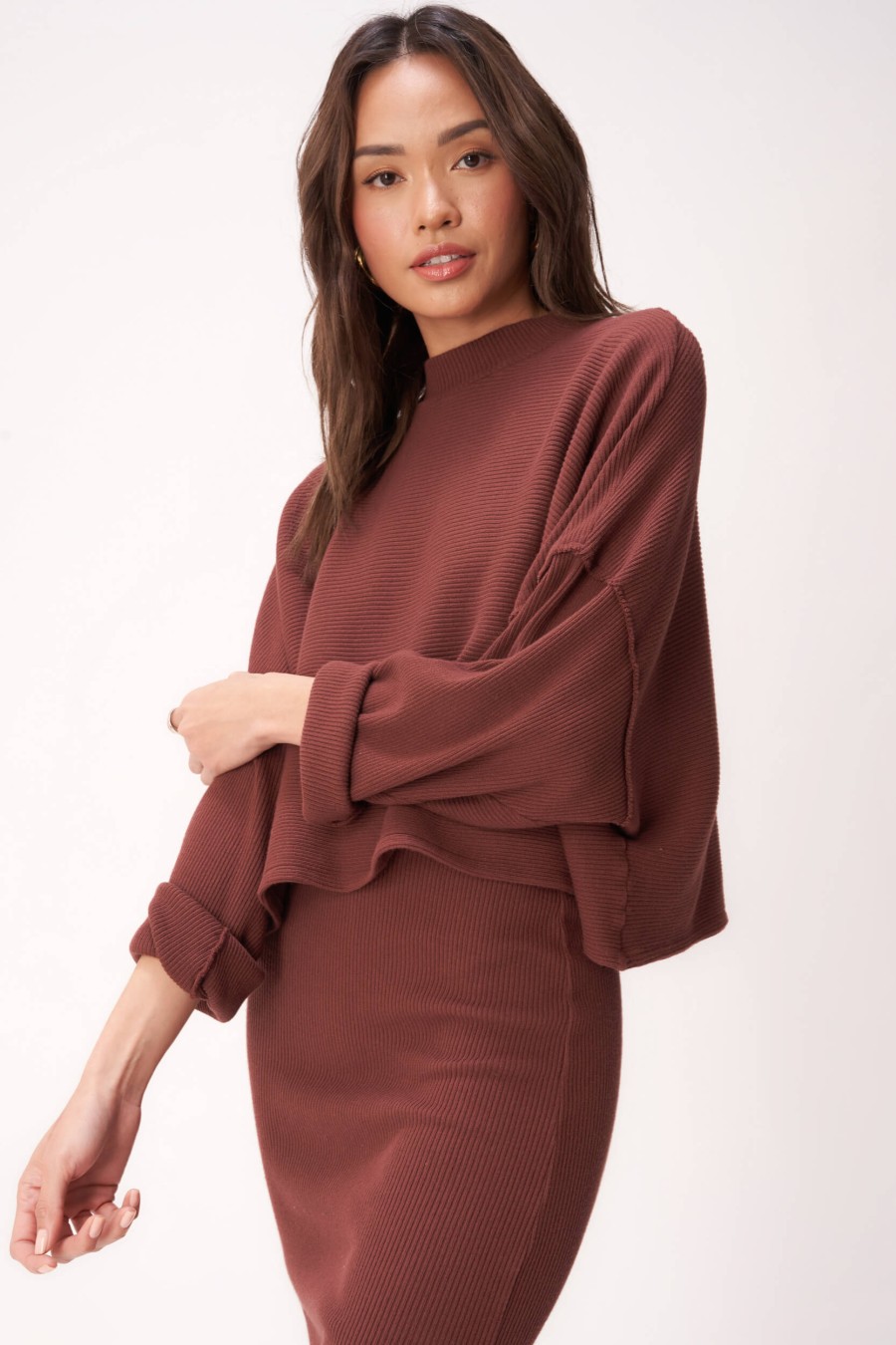 Tops Project Social T  Throw & Go Sweater Rib Mock Neck - Spiced Copper —  Biakanews
